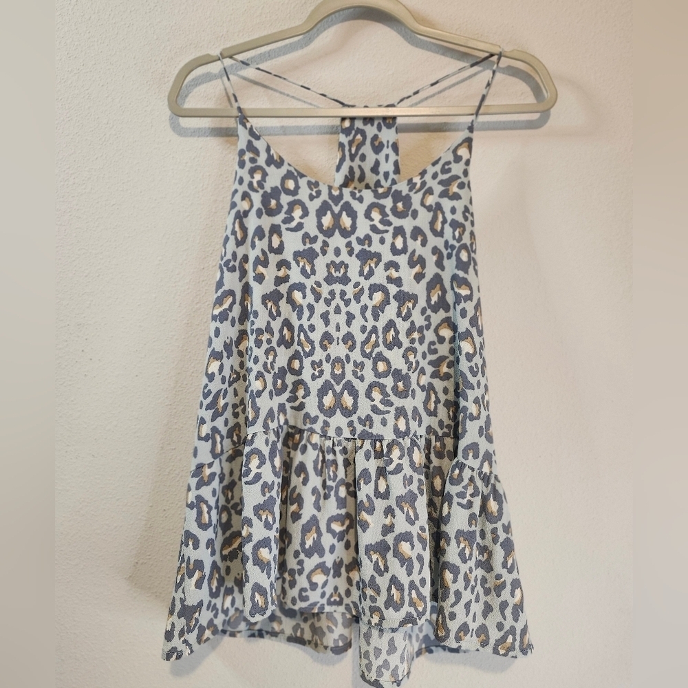 Karlie Women's Blue Gray Leopard Ruffle Peplum Tank Top Blouse Size Medium